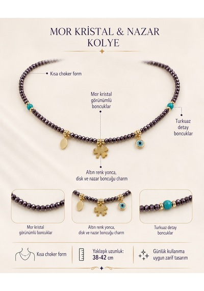 Mystic Nazar Mor Kristal Görünümlü Boncuklu, Turkuaz Detaylı Yonca Ve Nazar Charm Kadın Choker Kolye Renkli Mystic Nazar Mor Kristal Görünümlü Boncuklu, Turkuaz Detaylı Yonca Ve Nazar Charm Kadın Choker Kolye Renkli