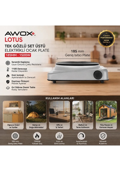 Awox Lotus Tek Gözlü Elektrikli Ocak Plate 185mm.1500w Bx40 Çok Renkli