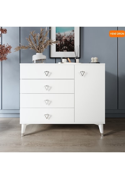 Simple 4 Çekmeceli 1 Kapaklı Modern Şifonyer Beyaz Gümüş Beyaz