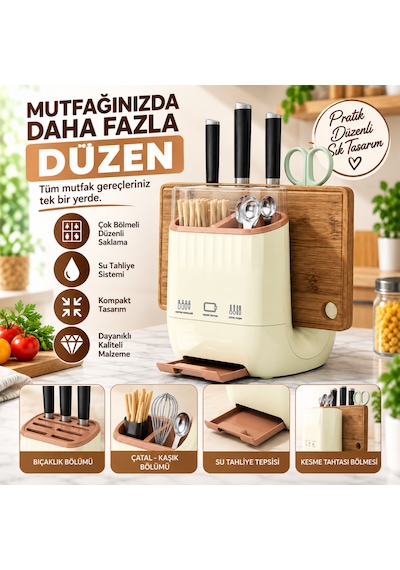 Tezgah Üstü Mutfak Organizeri Kaşıklık Bıçaklık Kepçelik Çatal Kaşık Düzenleyici Beyaz