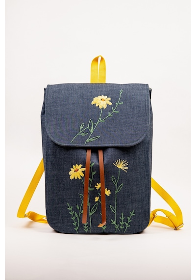 Fabric Craft Bag Sırt Çantası Kot Kumaş Çiçek Nakışlı Büzgülü Kot