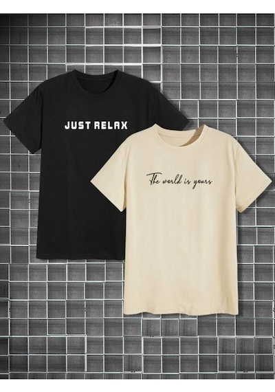 Flood Of Style Erkek 2'li Just Relax Baskılı Oversize Bisiklet Yaka Tshirt Siyah