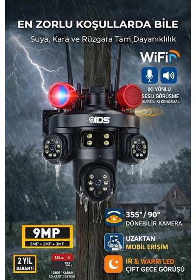 9mp Tam Hareketli 3 Kameralı Wifi Güvenlik Kamerası - Çakar Led -sirenli