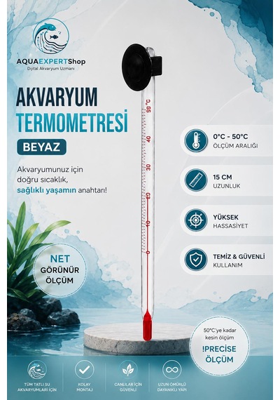 Akvaryum Termometre - Beyaz - Hassas Ölçüm - Cam Termometre - 0/50 Derece Arası Ölçüm - Net Görünür - Güçlü Vantuz