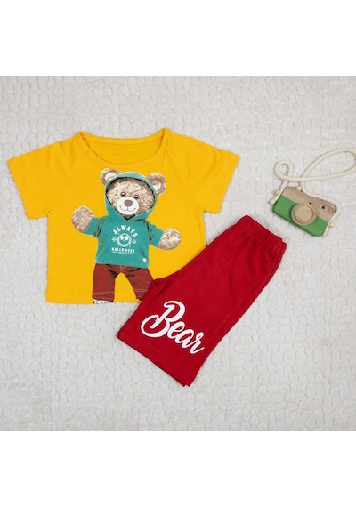 Momikon Erkek Çocuk Teddy Baskılı Pamuklu Takım Sarı