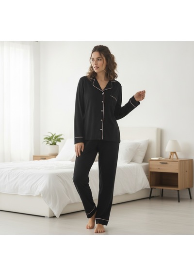 Bonbon Kadın Giyim Likralı Kumaş Uzun Kollu Siyah Renk Pijama Takımı Bb2669