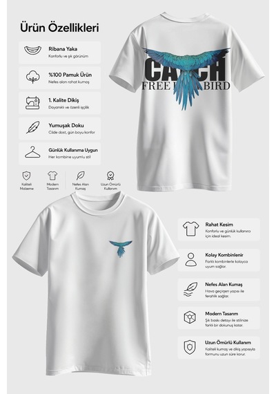 Spoyi Free Bird Tasarımlı %100 Pamuk Yarım Oversize Beyaz T-mhirt