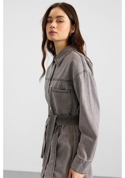 Olcay Metal Düğmeli Soft Denim Ceket Pantolon Gri 9401-tk