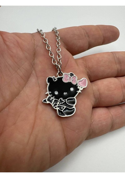 Gotik Tarz Siyah Hello Kitty Figürlü Kolye 60 Cm Zincirli Unisex Sevimli Takı Çok renkli
