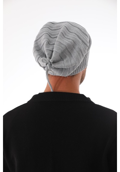 Ritagarcia Unisex Arkası İpli Büzgülü Triko Bere Kışlık Dökümlü Slouchy Beanie Bere Gri