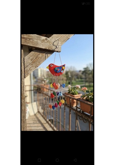 Taş Tozu Kırmızı Kuş Tasarımlı Renkli Duvar Süsü - Bahçe Ve Balkon Süsleme Aksesuarı