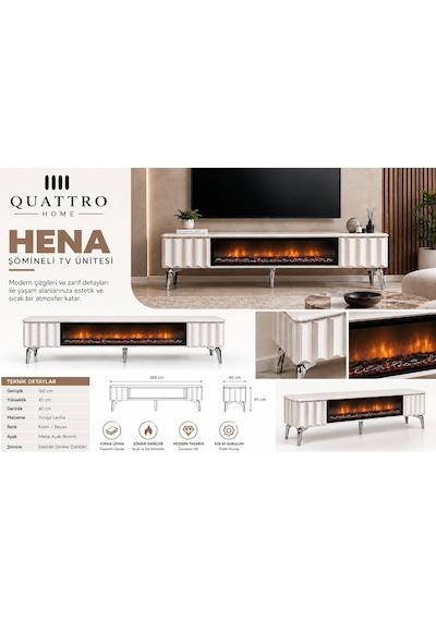 Hena Elektrikli Şömineli Tv Ünitesi 160 Cm Krem Beyaz Krom Ayaklı Modern Tv Sehpası