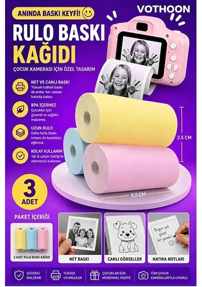 13 Lü Mini Yazıcı Termal Rulo Seti Çocuk Kamera Baskı Kağıdı 5 Yapışkanlı 5 Düz Beyaz 3 Renkli
