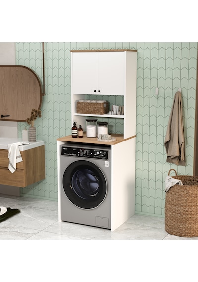Robin Home Alaska Çamaşır Makinesi Dolabı 2 Kapaklı Raflı Sepet-beyaz Beyaz