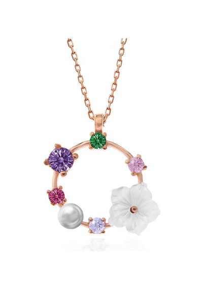 925 Ayar Gümüş Rose Altın Kaplama Kaplama Kaplama Renkli Taşlı Manolya Çiçeği Kadın Kolye Rose Gold