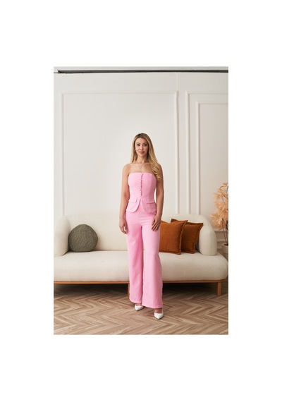 Rabia Çelik Kadın Pembe Önü Düğmeli Straplez Büstiyer Pantolon 2li Takım Elbise Pembe Pembe Rabia Çelik Kadın Pembe Önü Düğmeli Straplez Büstiyer Pantolon 2li Takım Elbise Pembe Pembe
