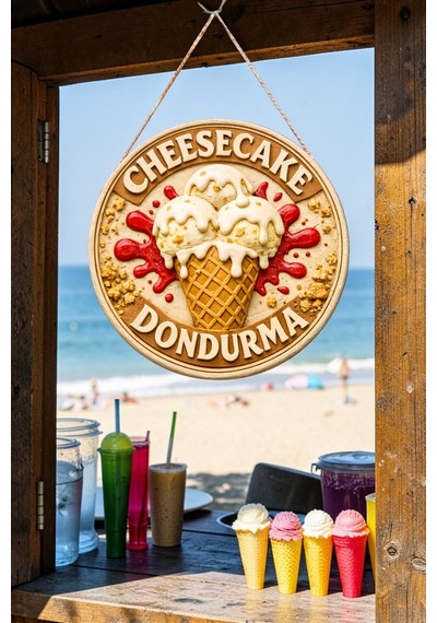 Cheesecake Dondurma Görselli Ahşap İpli Kapı Duvar Süsü Pastane Vitrin Reklamı