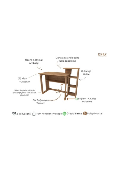 Enda Home Saye 5 Raflı Kitaplıklı Çalışma Masası Çam Atlantik Çam