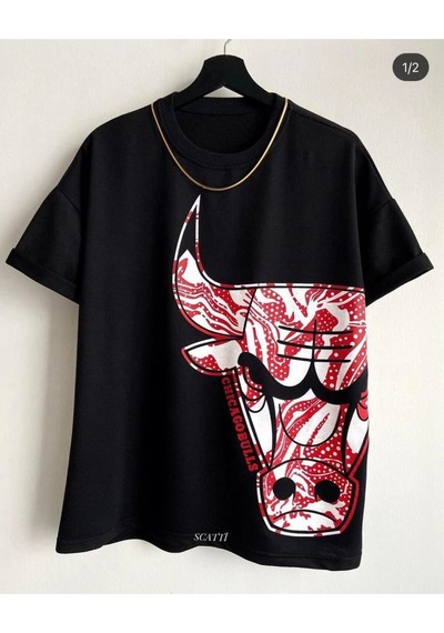 Startmore Erkek Siyah Büyük Logo Bulls Baskılı Oversize Bisiklet Yaka Tişört Siyah
