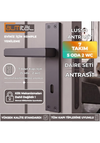 Lusso Antrasit 5 Adet Oda 2 Adet Wc Aynalı Kapı Kolu Set