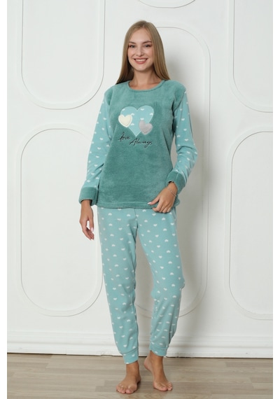Wordex Fawn 3316 Peluş Welsoft Polar Kışlık Yumoş Kalpli Kadın Pijama Takımı Yeşil