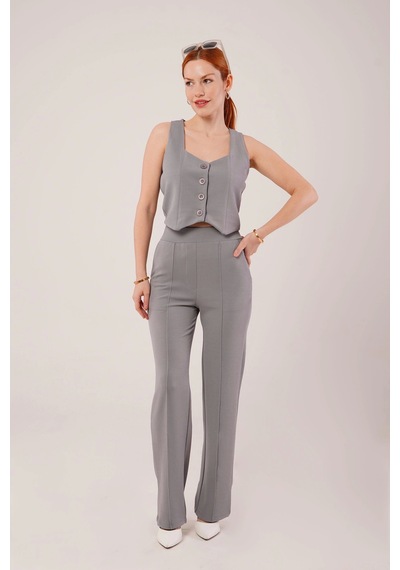 Defymoda Kalın Askılı Düğmeli Yelek Ve Pantolon Gri Takım Gri