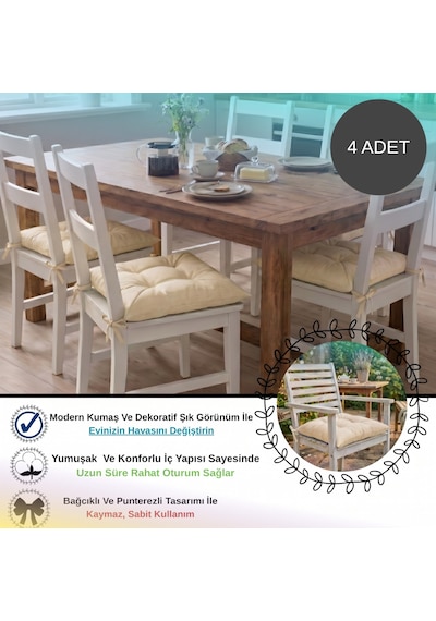 4 Adet - 40x40 Cm Lüks Süet Dokulu Bej Sandalye Minderi - %100 Silikon Elyaf Dolgulu Yıkanabilir Minder