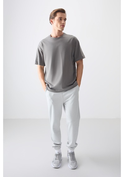 Air Jones Tommy Life Koyu Gri %100 Pamuk Kalın Yumuşak Dokulu Oversize Fit Basic Erkek T-shirt - 88353 Koyu Gri