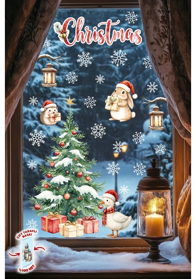 Christmas Yılbaşı Cam Sticker Seti 50 Parça Çift Taraflı Baskı, Suya Dayanıklı, Kar Tanesi Figürler Dijital Baskı