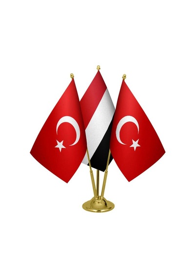Masa Üstü Yemen Bayrağı Türk Bayrağı Üçlü Pirinç Direk Masa Bayra