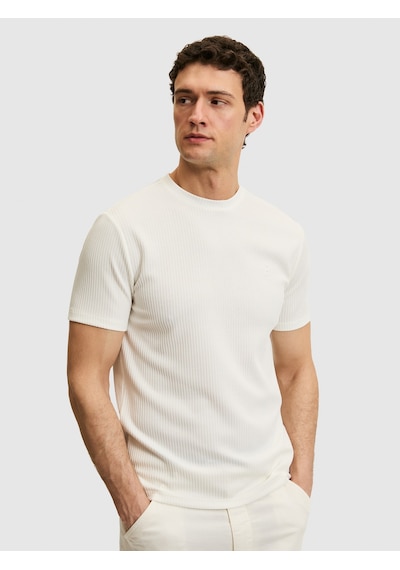 Beyaz Slim Fit Dokulu Bisiklet Yaka T-shirt