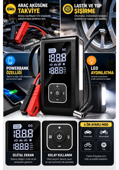 Akü Takviye Cihazı Ve Dijital Lastik Şişirme Kompresörü 10000 Mah 150 Psı 5 Fonksiyonlu Powerbank Led Fener