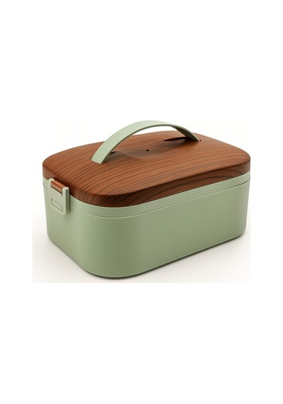 Lunchee - Çelik Bölmeli Sızdırmaz Ahşap Görünümlü Vakum Kapaklı Yemek Kabı Lunchbox 650 Ml Yeşil