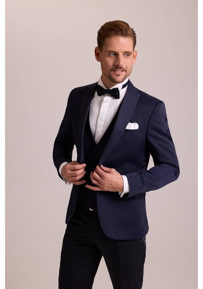 Ysf Erkek Lacivert Kırlangıç Yaka Yelekli Desenli Slim Fit Damatlık