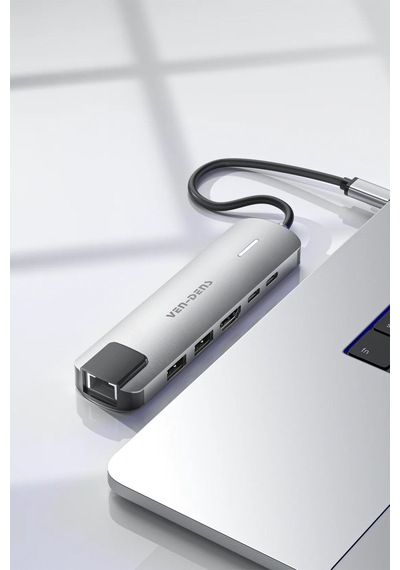 Ven-dens Vd-adp019 6 Sı 1 Arada Usb-c Hub Adaptör, 4k 30 Hz Hdmı, 90 W Pd, Usb 3.0 Ve Rj45, Gri