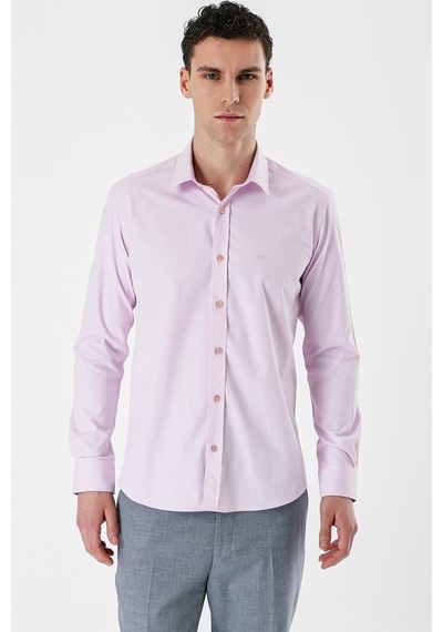 İmza Pembe Uzun Kollu Armürlü Cepsiz Pamuklu Likralı Slim Fit Dar Kesim Gömlek 1004240193-pembe Pembe