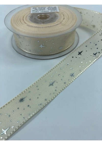 FdayAksesuar Açık Krem Yıldız Desenli Tafta Kurdele 1 Metre En 2,5 Cm FRDY24132