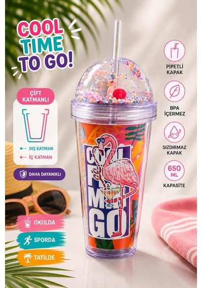 Lively Pipetli Çift Katmanlı Bardak 600 Ml Flamingo Desen Turuncu - 903305790 Turuncu