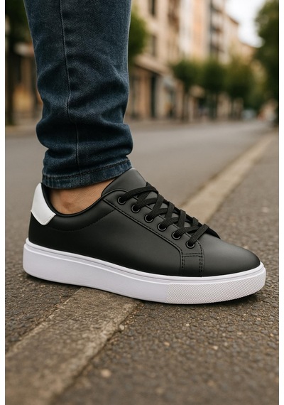 Erkek Siyah Beyaz Tabanlı Bağcıklı Sneaker Spor Ayakkabı-641 Siyah  -  Beyaz
