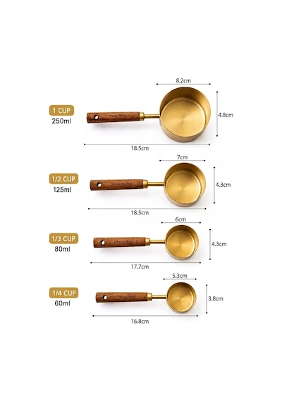Premium 4 Parça Metal Ölçü Kabı Cup Seti Ahşap Saplı Kahve Baharat Ve Bakliyat Ölçü Kaşığı Çok Renkli