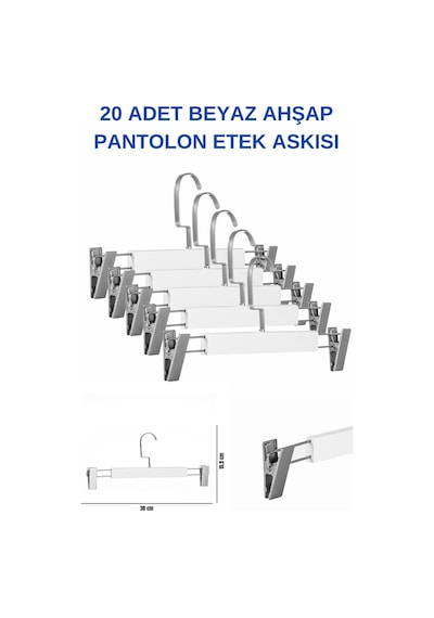Pantolon Etek Askısı Ahşap Lamine Beyaz A Kalite Mandallı Askı 20 Adet Diğer