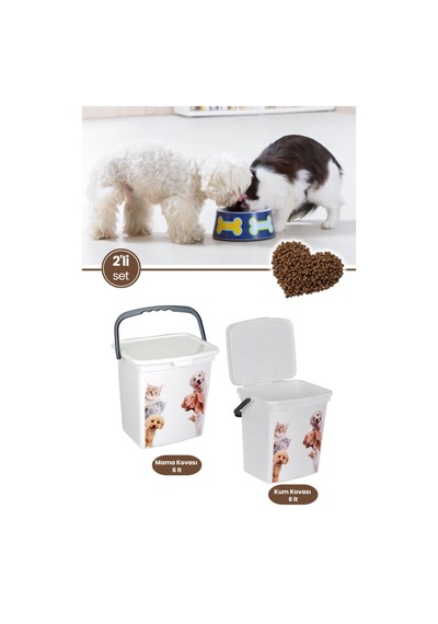 2 Li Evcil Hayvan Mama Kovası Seti, 2 Adet Kapaklı Kulplu Kedi Köpek Mama Saklama Kabı Kutusu 6lt