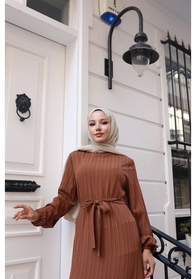 Nevayla Moda Lara Kumaş Bağlamalı Elbise - Taba / E0124 Taba