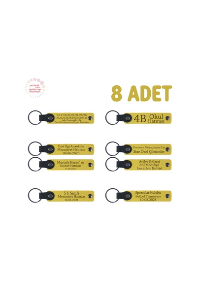 Sarı, Anne, Baba Ve Kardeşlere Anlamlı Hediye, 8 Li Set, Üzerine İsim Yazılabilen Deri Anahtarlık