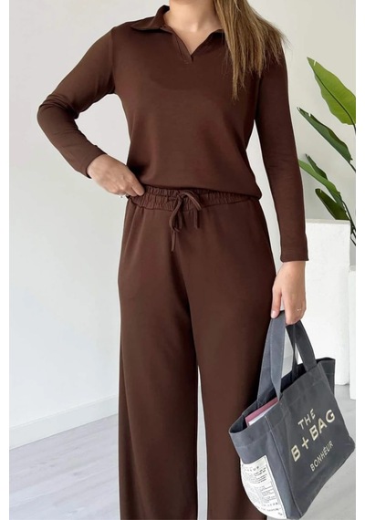 Balenbi Kadın Modal Kumaş Polo Yaka Uzun Kollu Takım 1126 Kahverengi