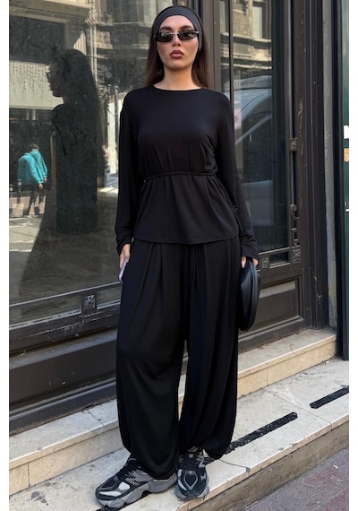 Madmext Siyah Likralı Modal Şalvar Takım Mg2784