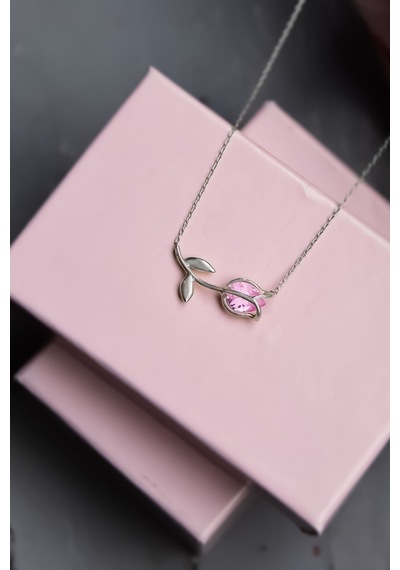 Papatya Silver 925 Ayar Gümüş Rodyum Kaplama Pembe Taşlı Lale Kolye