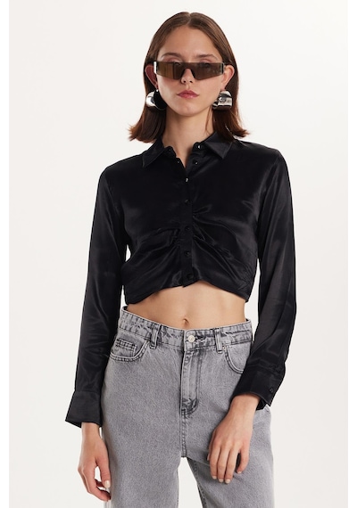 Tudors Kadın Slim Fit Dar Kesim Uzun Kollu Klasik Yaka Siyah Gömlek-34269 Siyah
