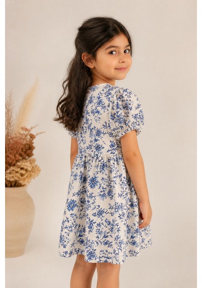 Eray Alp Kids Kız Çocuk Çiçek Desenli Mavi Keten Elbise Yazlık Günlük Model