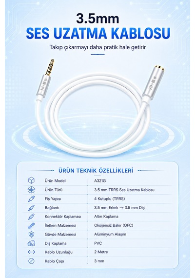 3.5mm Erkek Dişi Ses Uzatma Kablosu 2 Metre Ofc Oksijensiz Bakır Altın Kaplama Alüminyum Alaşımlı Konnektör A321g Kulaklık Hoparlör Pc Uyumlu
